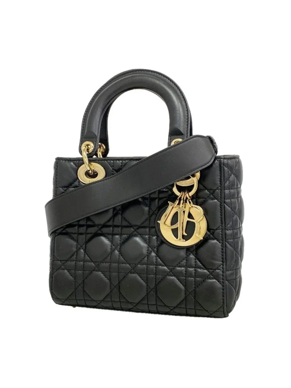 Dior Handbag Cannage Lady Leather Black Champagne Gold 2-Way Bag